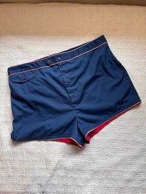 Vintage Laguna Navy Blue Retro Swim Shorts with Red Trim